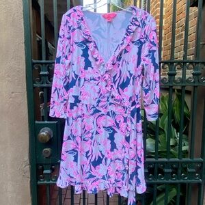Lilly Pulitzer JessaLynne Romper. Color Inky Navy Flamingle. Large